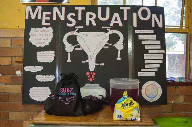 <p>A poster used to educate girls about menstruation and female reproductive system is seen on February 21, 2015 at the Madibane High School in Soweto, a district of Johannesburg</p>
