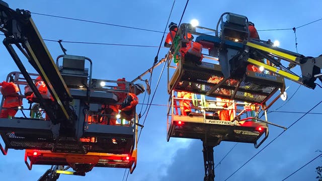 Trains on the West Coast mainline are subject to severe disruption as teams work to repair damage to overhead lines following Tuesday’s heatwave. (Network Rail/PA)