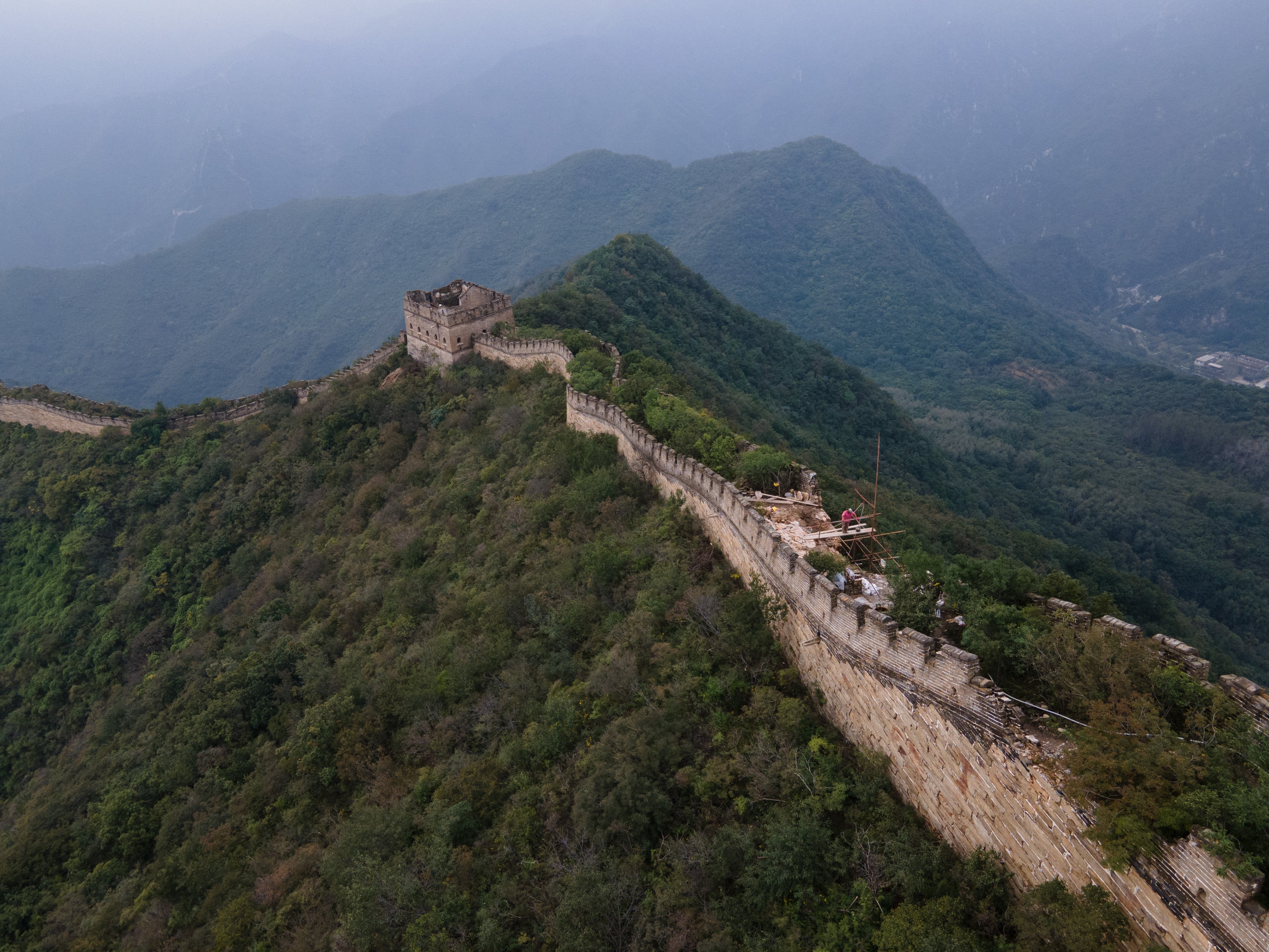 A section of the Great Wall is being repaired in Huairou district, Beijing, in 2021