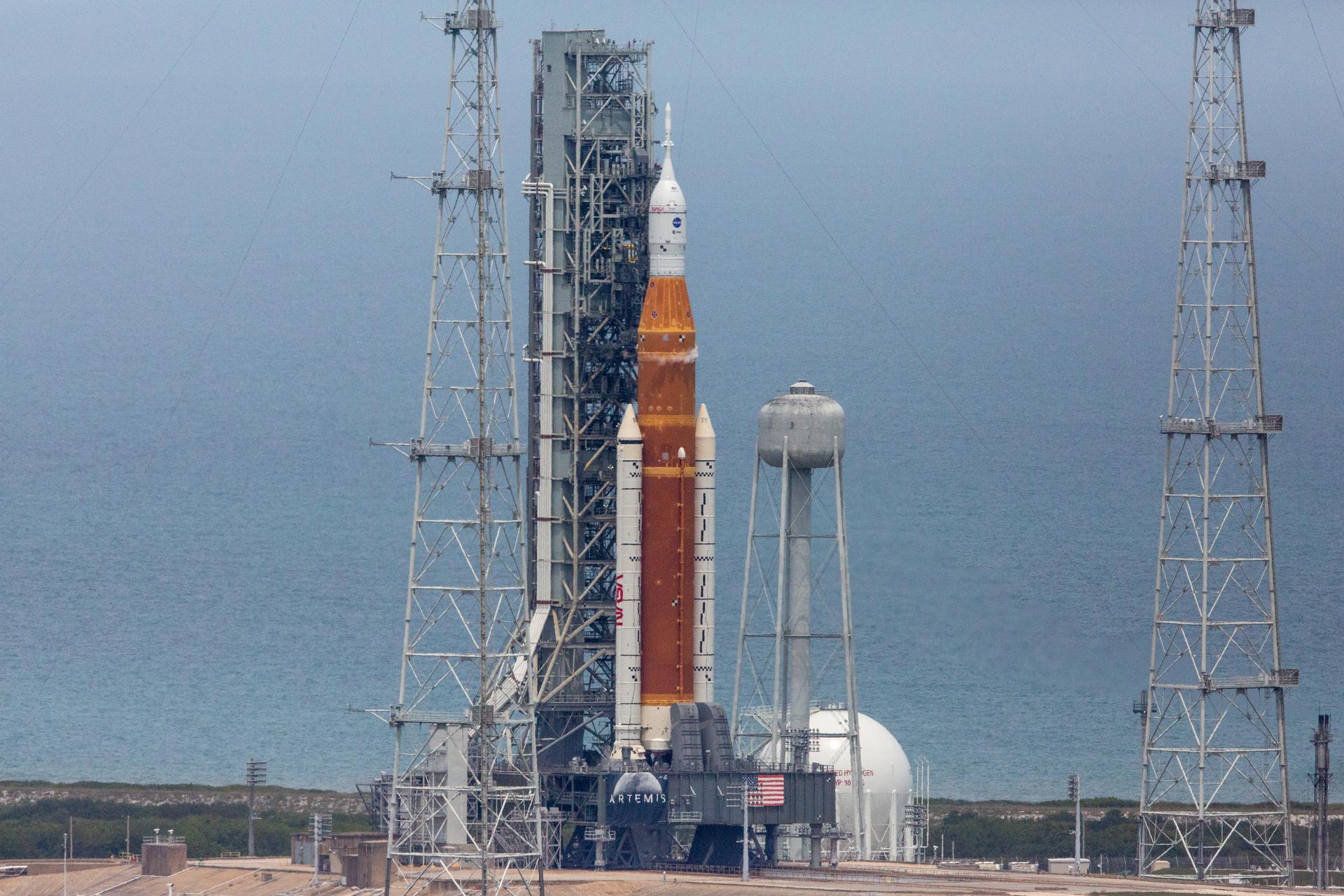 Nasa’s Space Launch System rocket and Orion spacecraft on the launch pad at Kennedy Space Center in Florida for a “wet dress rehearsal” for launch in April, 2022