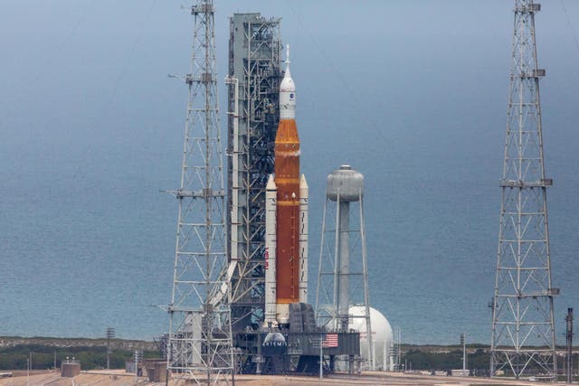 <p>Nasa’s Space Launch System rocket and Orion spacecraft on the launch pad at Kennedy Space Center in Florida for a “wet dress rehearsal” for launch  in April, 2022</p>