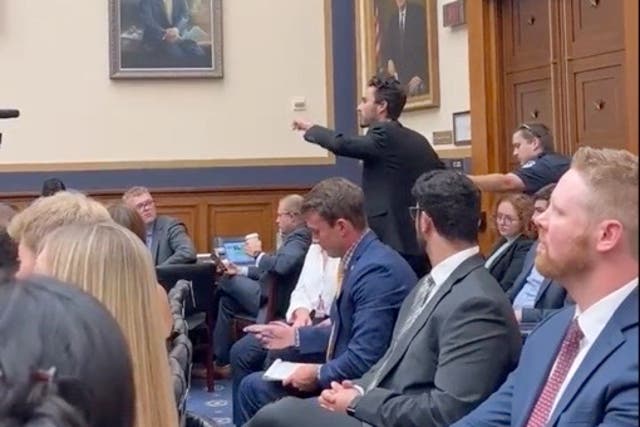 <p>David Hogg is removed from the House Judiciary Committee meeting after he confronted Republican Rep Andy Biggs  </p>