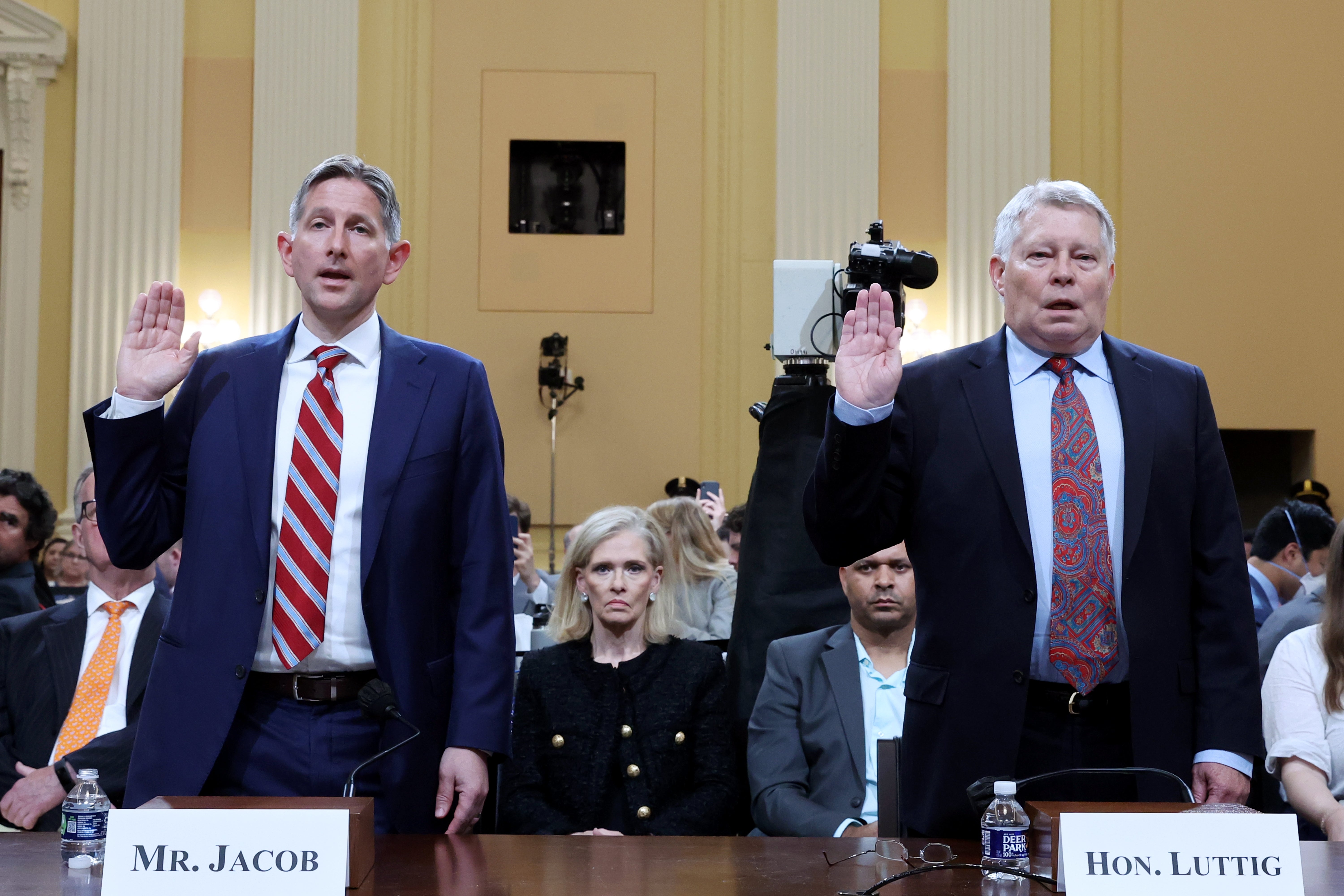 Greg Jacob, former counsel to Vice President Mike Pence, and J. Michael Luttig, retired judge for the U.S. Court of Appeals for the Fourth Circuit and informal advisor to Mike Pence, are sworn in to testify