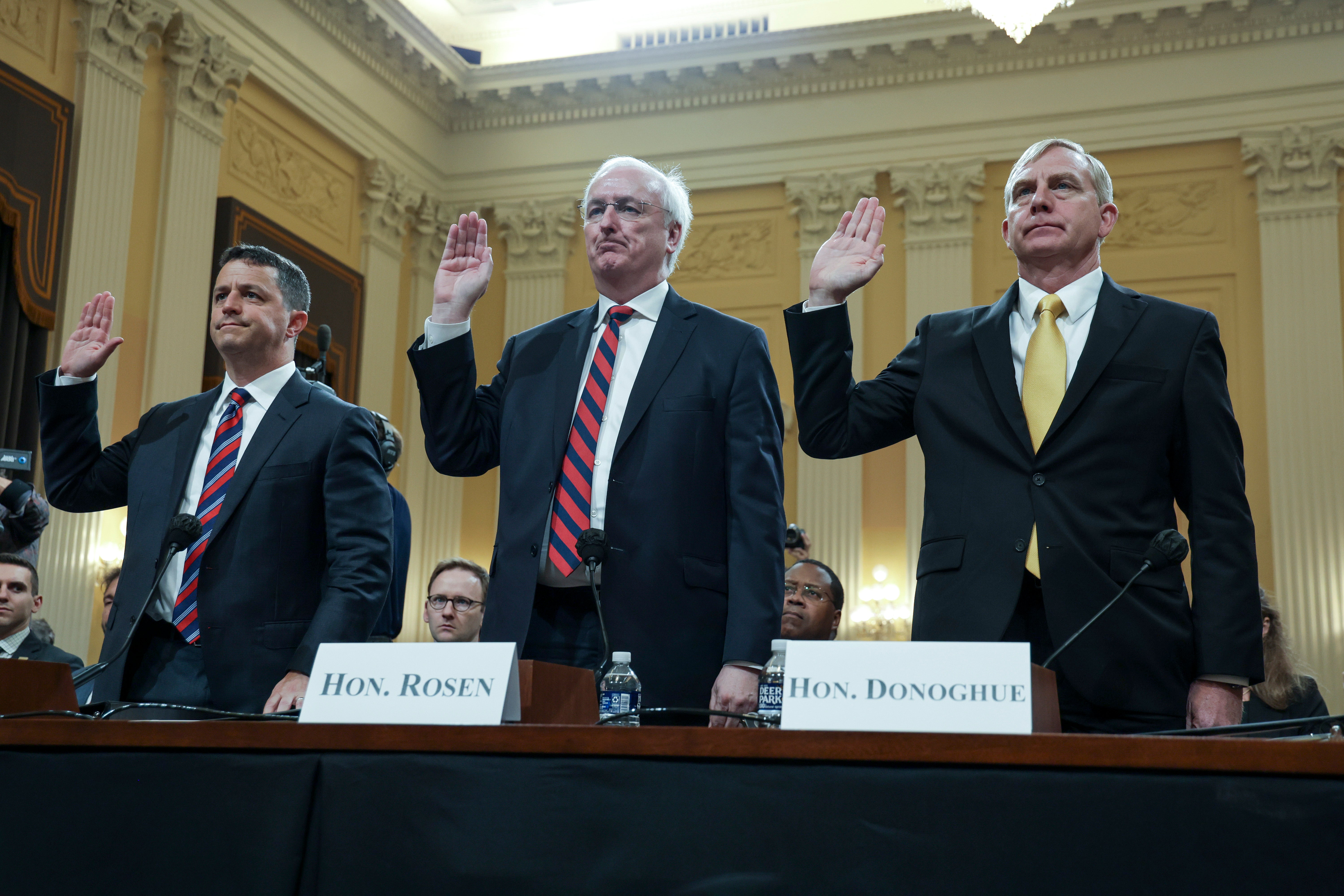 Steven Engel, former Assistant Attorney General for the Office of Legal Counsel, Jeffrey Rosen, former Acting Attorney General, and Richard Donoghue, former Acting Deputy Attorney General, are sworn-in