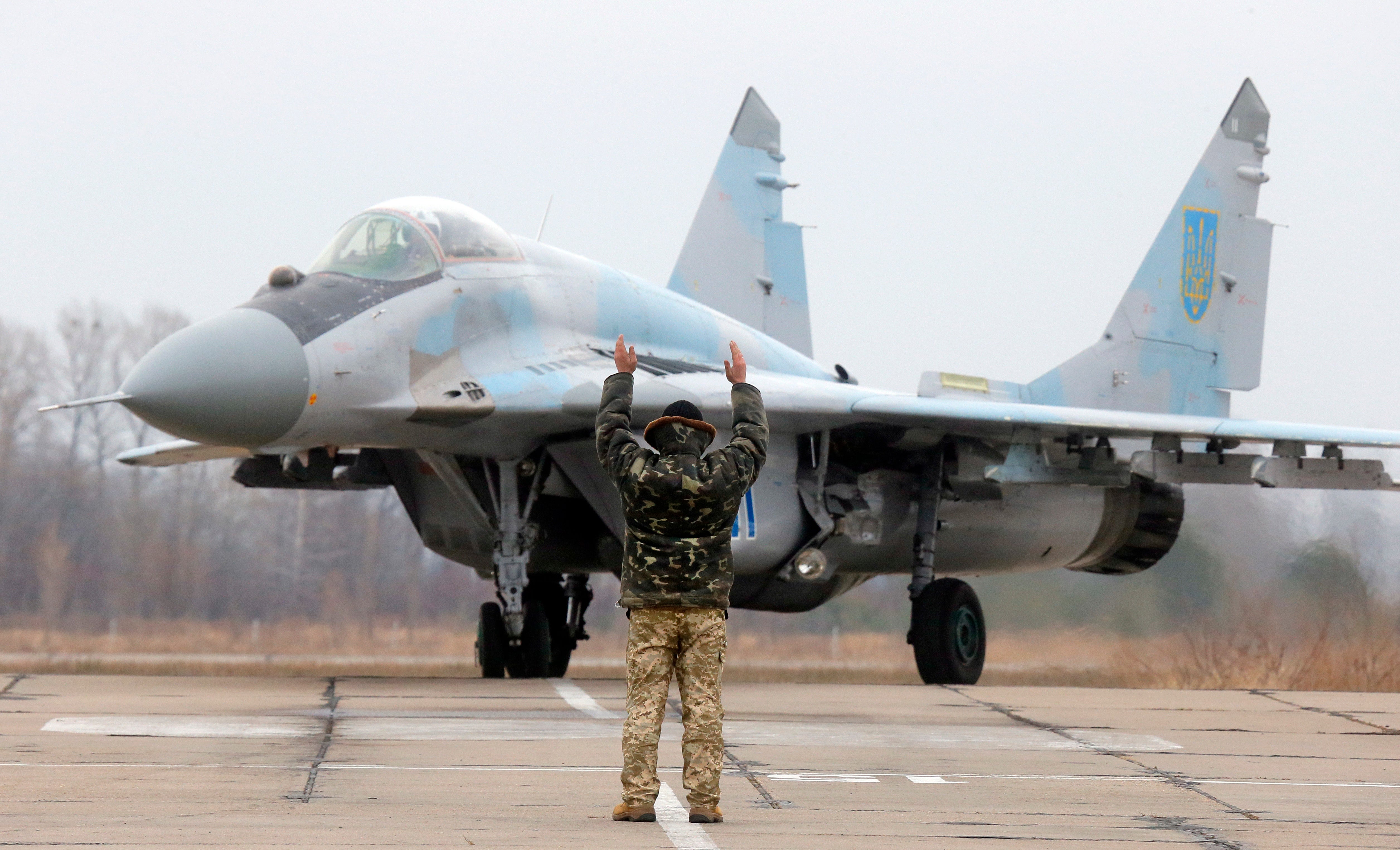 A Ukrainian MIG-29 fighter jet is parked at the Vasilkov air base