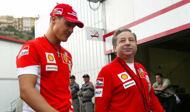 <p>Michael Schumacher still watches F1 races with former Ferrari boss Jean Todt (pictured together in 2007) </p>
