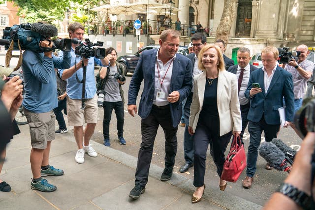 Tory leadership candidate Liz Truss arrives for a hustings event with the Conservative Councillors’ Association, in Westminster (Dominic Lipinski/PA)