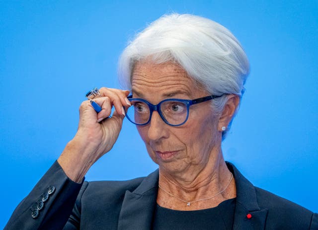 <p>Christine Lagarde, president of the European Central Bank, at Thursday’s news conference in Frankfurt following the interest rate rise</p>