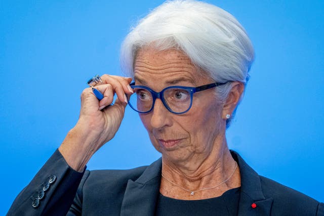 <p>Christine Lagarde, president of the European Central Bank, at Thursday’s news conference in Frankfurt following the interest rate rise</p>