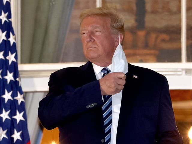 <p>Donald Trump removes his mask upon return to the White House from Walter Reed National Military Medical Center on October 05, 2020 in Washington, DC</p>