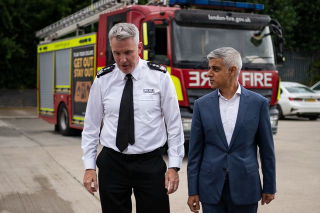 Mayor of London Sadiq Khan and the London Fire Commissioner Andy Roe at a fire station in east London (Aaron Chown/PA)
