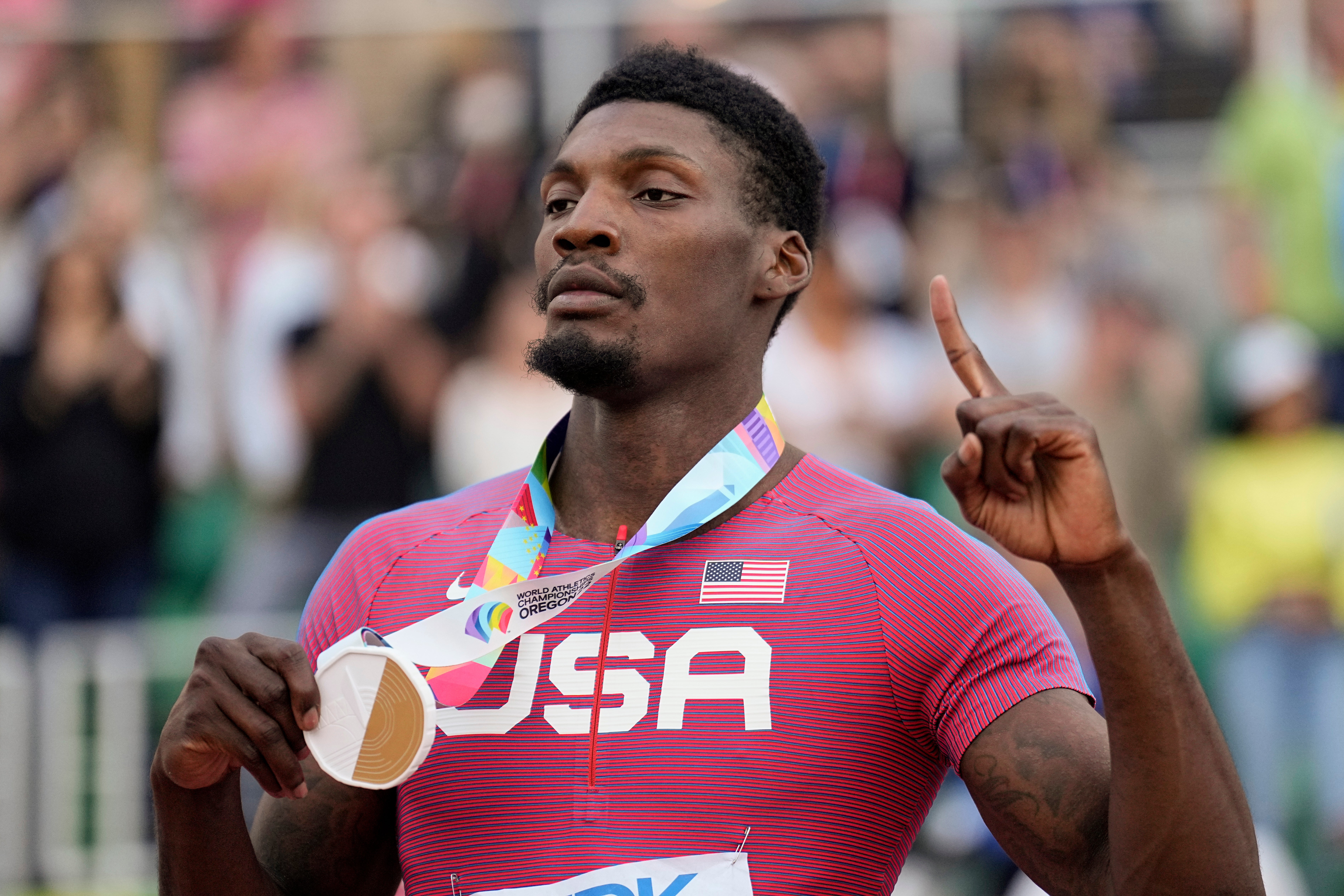 Fred Kerley celebrates winning gold in Eugene