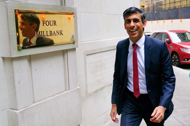 Tory leadership candidate Rishi Sunak arrives at the LBC studios at Millbank in central London (PA)