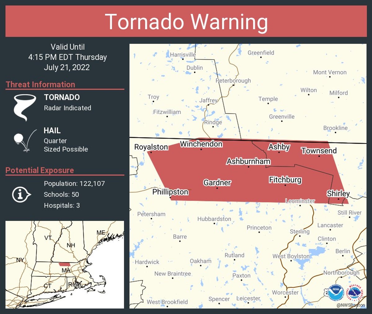 Tornado warning issued in Massachusetts amid severe thunderstorm