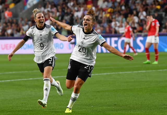 <p>Lina Magull celebrates after scoring Germany’s first goal </p>