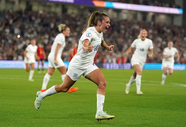 Ella Toone celebrates scoring England’s equaliser against Spain on Wednesday night (Adam Davy/PA).