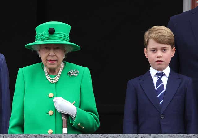 The Queen and Prince George on the balcony of Buckingham Palace at the end of the Platinum Jubilee Pageant (Chris Jackson/PA)