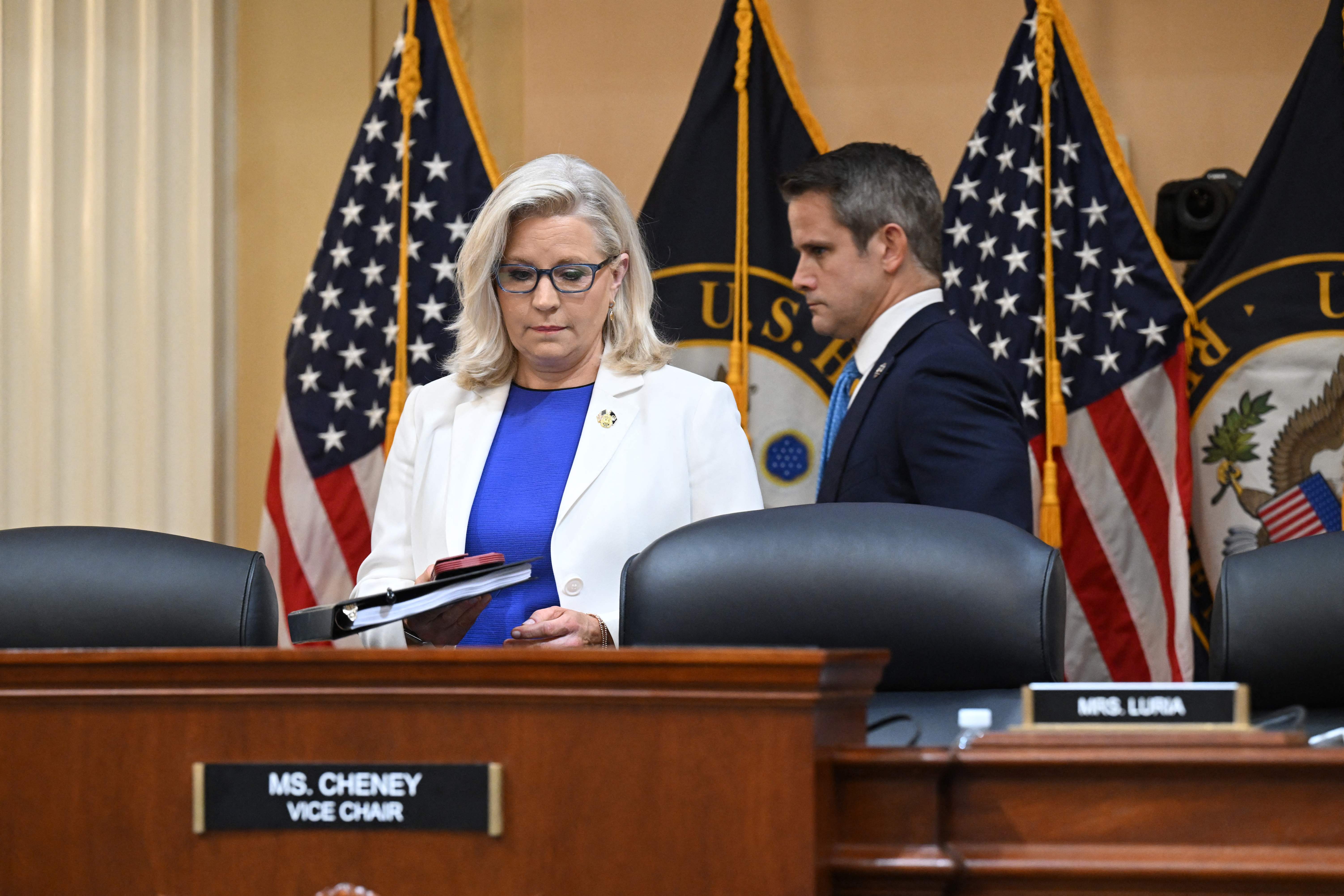 US Representative Liz Cheney (R-WY) and US Representative Adam Kinzinger (R-IL) arrive to a hearing by the House Select Committee to investigate the January 6th attack on the US Capitol in the Cannon House Office Building in Washington, DC, on July 21, 2022