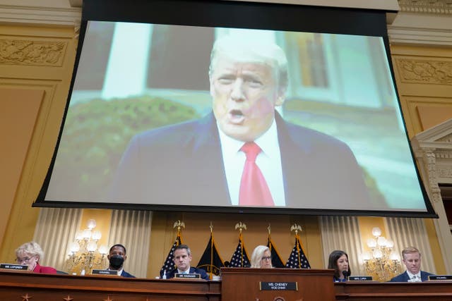 <p>A video of Donald Trump speaking on Jan 6 is played as the House select committee investigating the attack on the US Capitol holds a hearing in Washington on 21 July 2022</p>