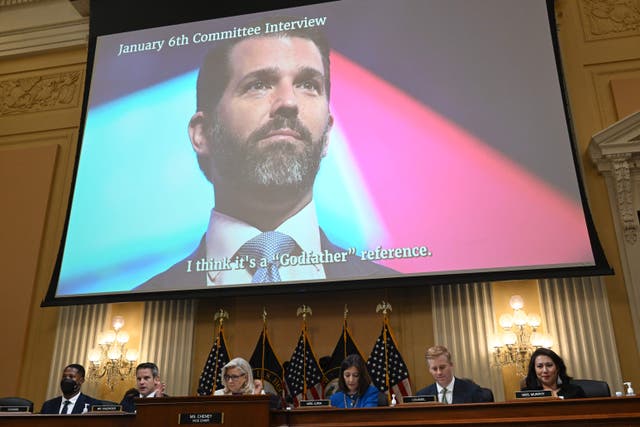 <p>An image of Donald Trump Jr is displayed on a screen during a hearing by the House Select Committee to investigate the January 6th attack on the US Capitol in the Cannon House Office Building</p>