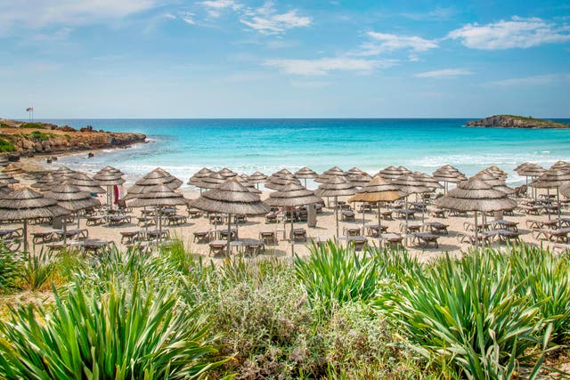 <p>Sunbeds on Nissi Beach, Cyprus</p>
