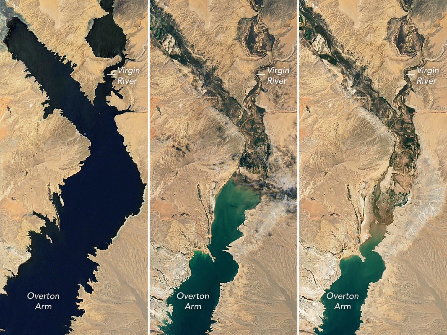Images from 2020, 2021 and 2022 of Lake Mead taken by Nasa’s Landsat satellites