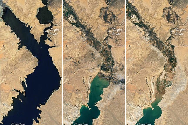 <p>Images from 2020, 2021 and 2022 of Lake Mead taken by Nasa’s Landsat satellites </p>