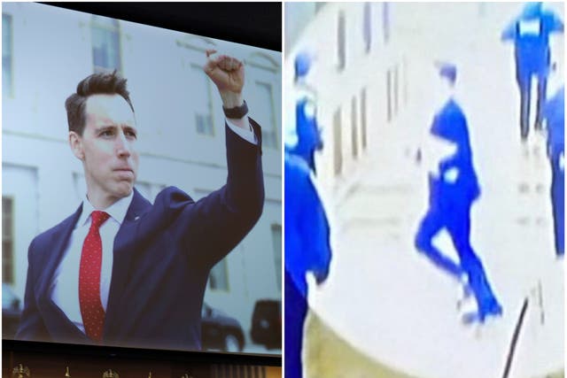 <p>Josh Hawley raising his fist in support of rioters at the Capitol on January 6, then fleeing from them later in the day</p>