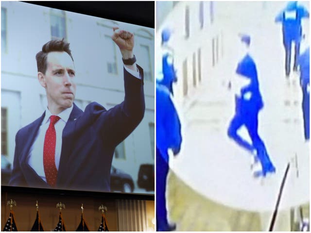<p>Josh Hawley raised his fist in support of the rioters he would later be forced to flee as they laid siege to the US Capitol on January 6 2021</p>