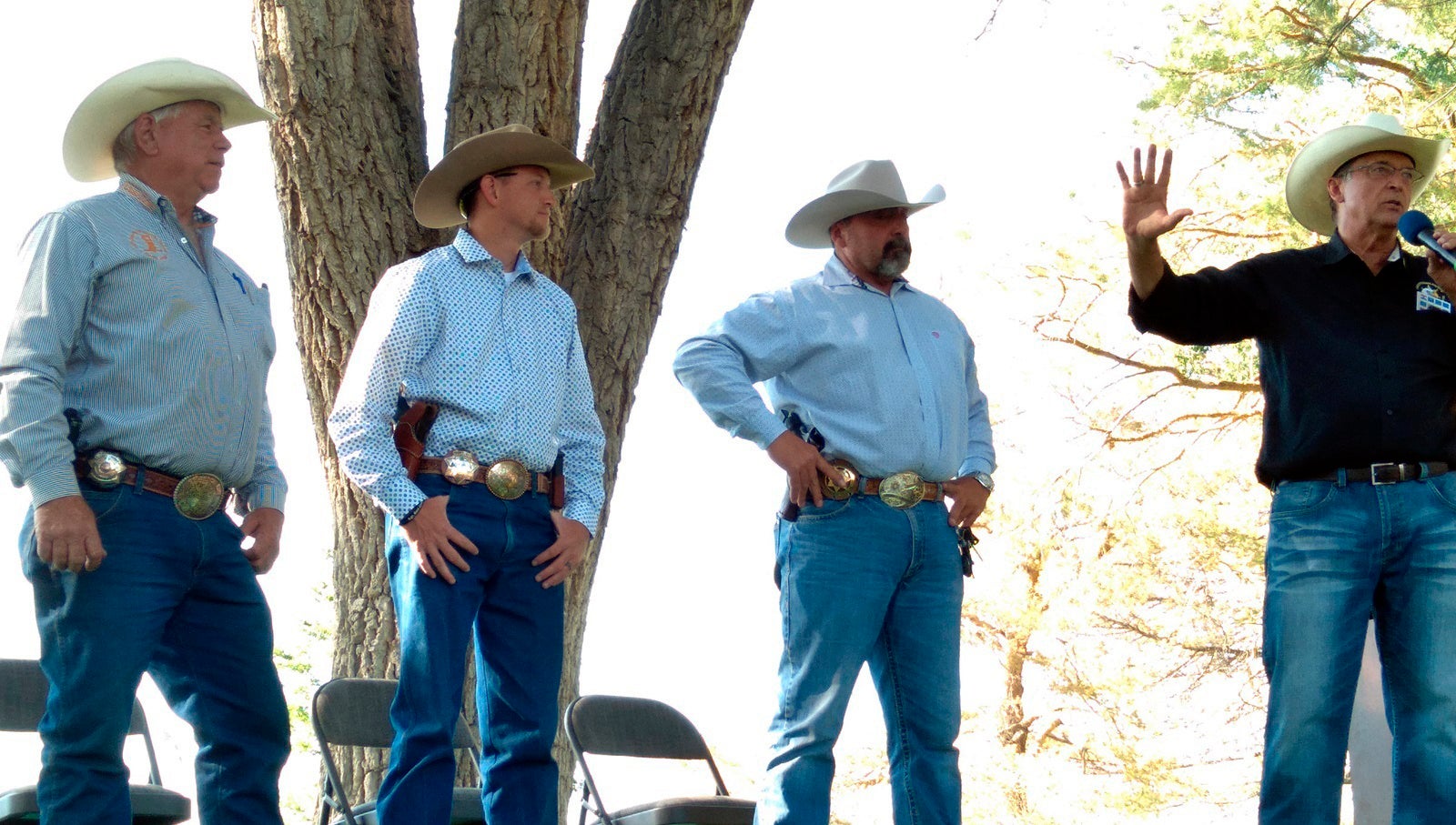 From left to right are Lander County Sheriff Ron Unger, Eureka County Sheriff Jesse Watts, Elko County Sheriff Aitor Narvaiza and Constitutional Sheriffs and Peace Officers Association founder Richard Mack in the Elko City Park in Elko, Nev., on June 20, 2020