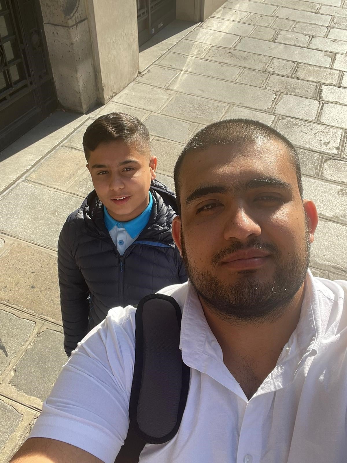 Qamar Jabarkhyl, right, on a visit to see his cousin Obaidullah who is stranded in France (Qamar Jabarkhyl/PA)