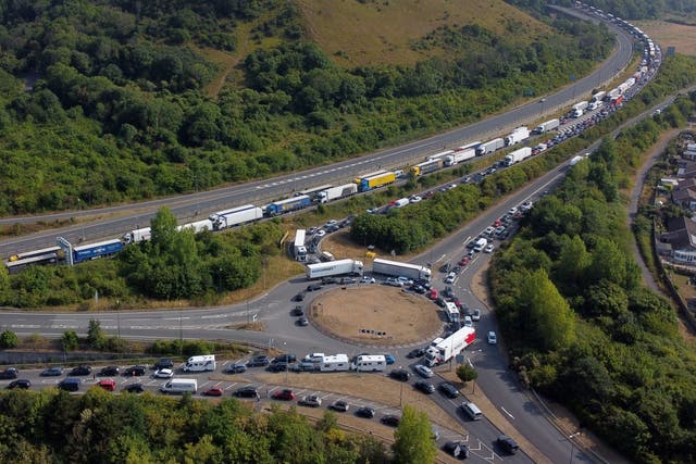 Traffic wasqueued on the M20 near Folkestone in Kent on Saturday as holidaymakers faced more gridlocked roads (Gareth Fuller/PA)