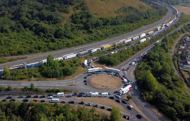 Traffic wasqueued on the M20 near Folkestone in Kent on Saturday as holidaymakers faced more gridlocked roads (Gareth Fuller/PA)