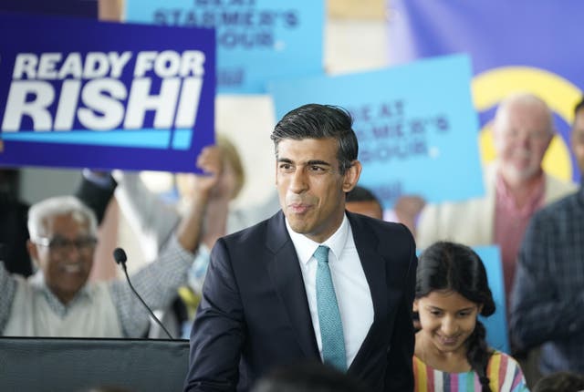 <p>Rishi Sunak during a visit to Vaculug tyre specialists in Grantham, as part of his campaign to be leader of the Conservative and Unionist Party and the next prime minister (Danny Lawson/PA)</p>