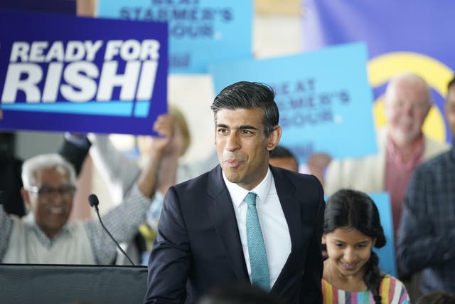 <p>Rishi Sunak during a visit to Vaculug tyre specialists in Grantham, as part of his campaign to be leader of the Conservative and Unionist Party and the next prime minister (Danny Lawson/PA)</p>