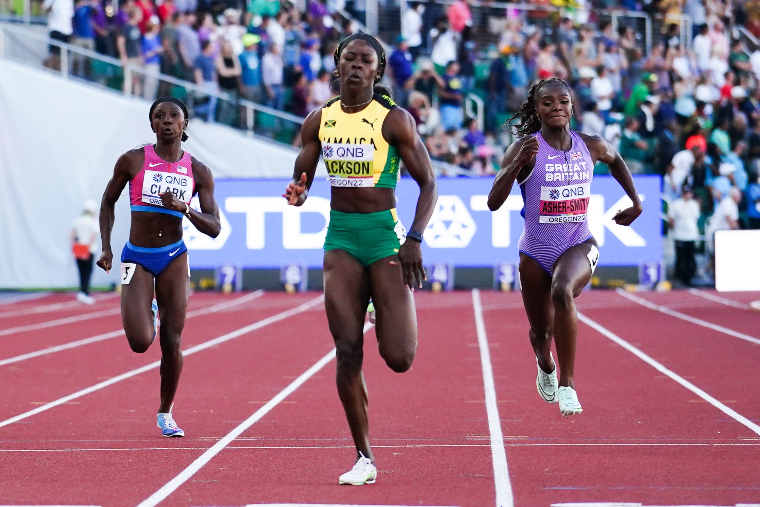 Shericka Jackson, centre, clocked 21.45 seconds en route to winning the 200m at the World Championships on Thursday (Martin Rickett/PA)