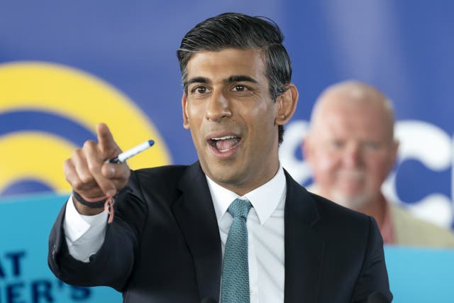 <p>Rishi Sunak delivers a speech at Vaculug tyre specialists at Gonerby Hill Foot, Grantham (Danny Lawson/PA)</p>