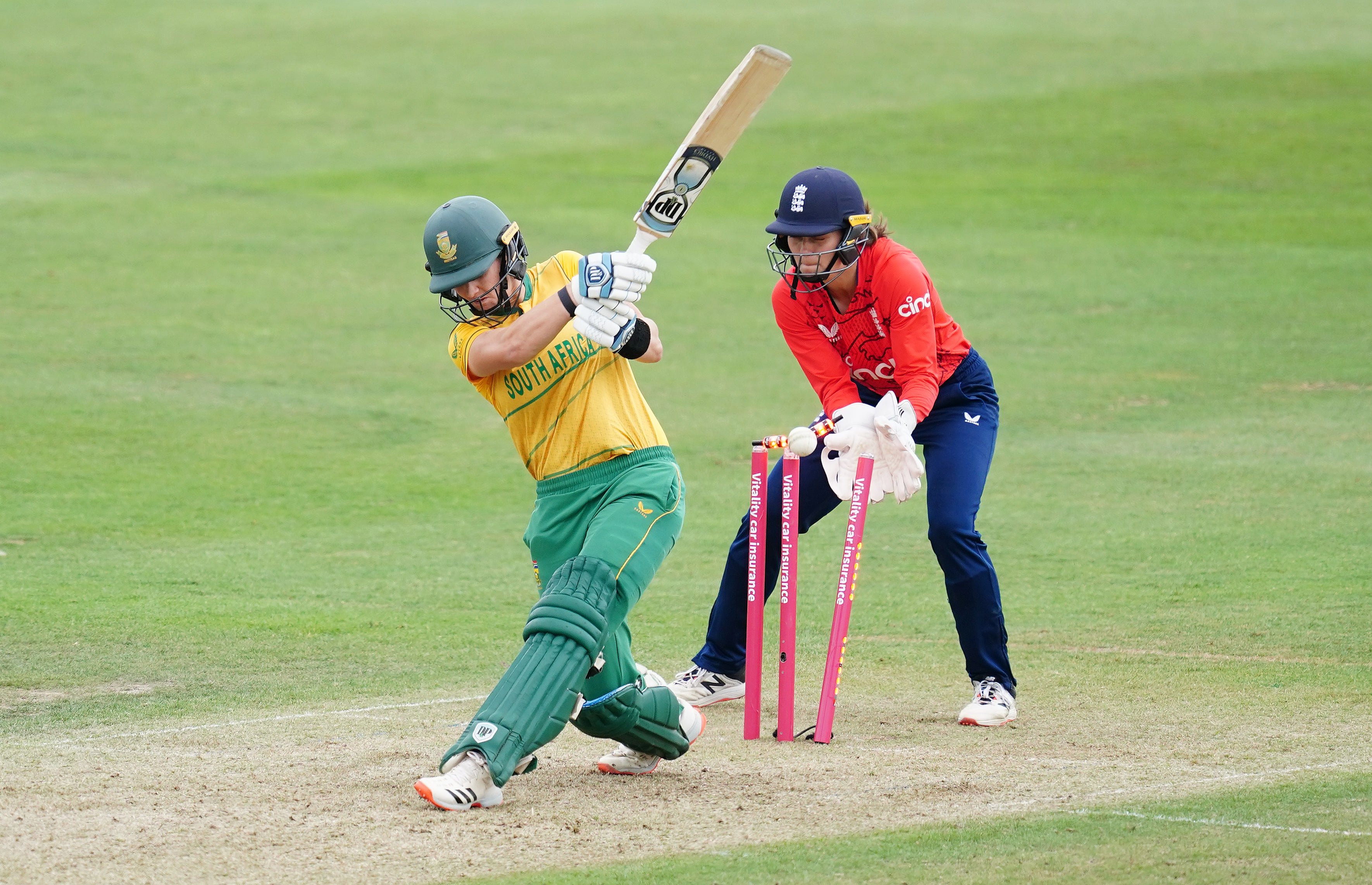 South Africa’s Laura Wolvaardt is bowled by Katherine Brunt (David Davies/PA)