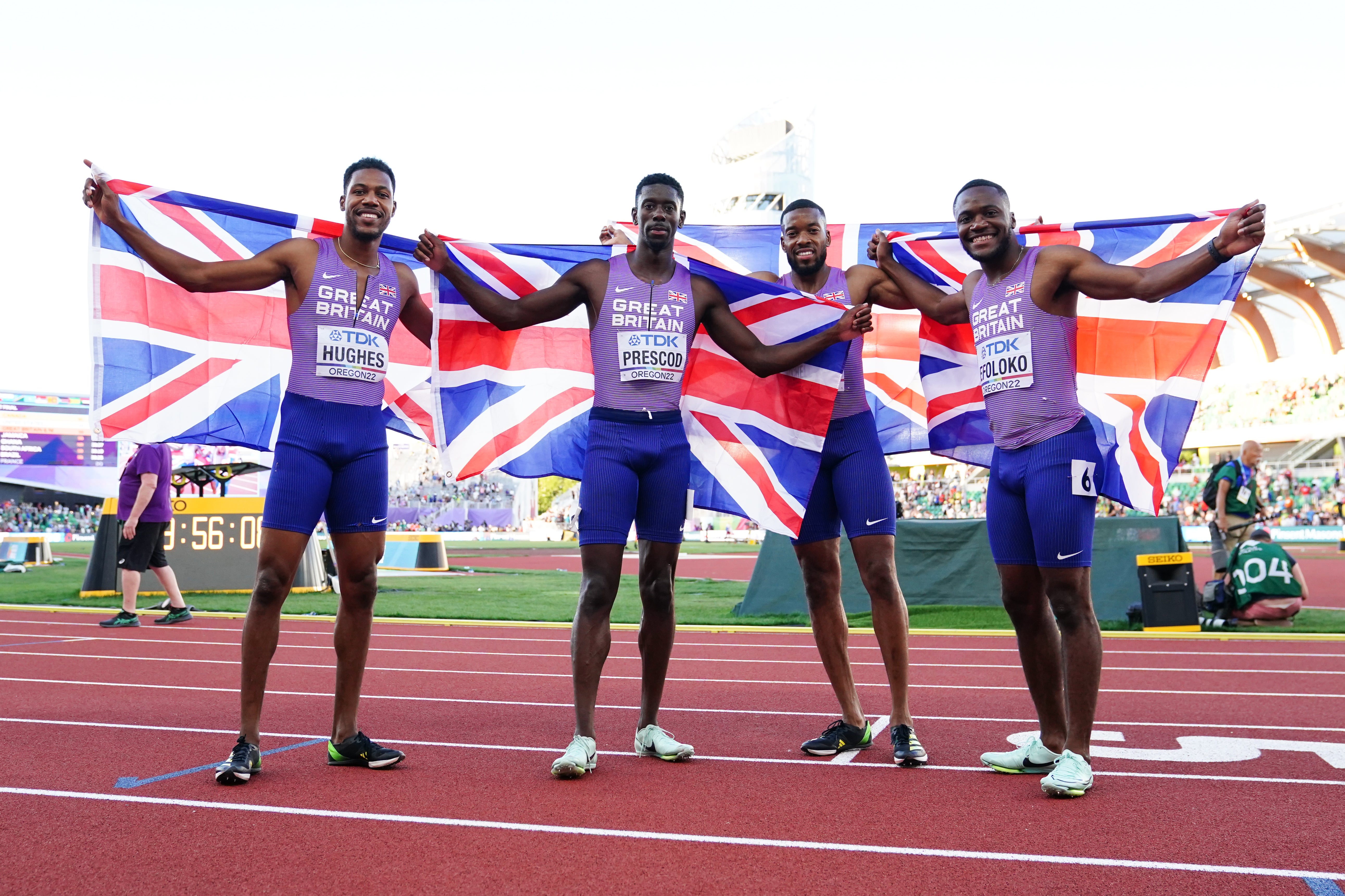 Great Britain’s Zharnel Hughes, Reece Prescod, Nathaneel Mitchell-Blake and Jona Efoloko celebrate their bronze