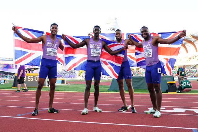 <p>Great Britain’s Zharnel Hughes, Reece Prescod, Nathaneel Mitchell-Blake and Jona Efoloko celebrate their bronze</p>