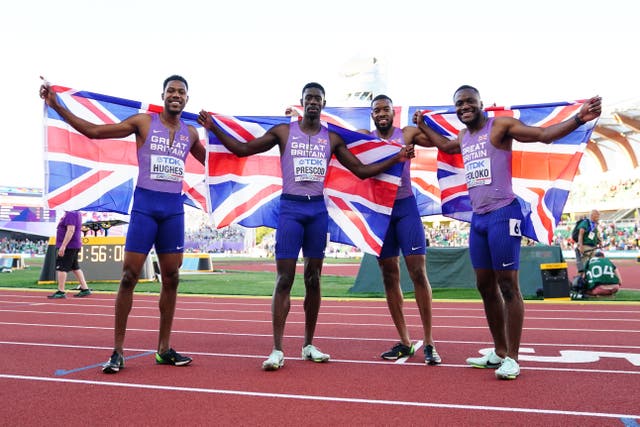 <p>Reece Prescod (second from left) won bronze as part of Great Britain’s sprint quartet in Eugene last year  </p>