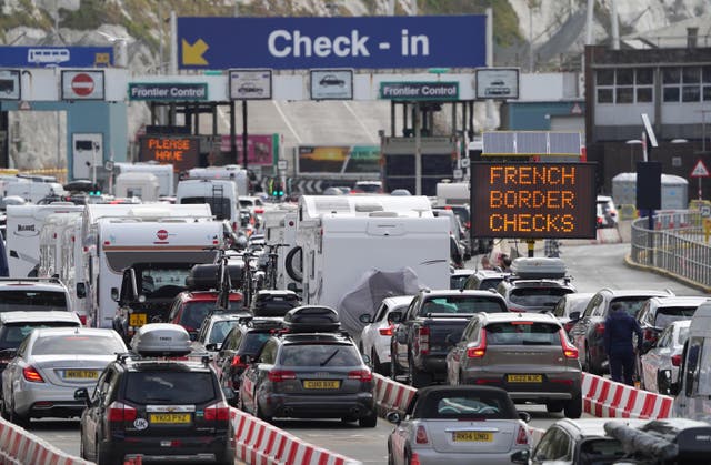Queues at the Port of Dover are expected to be down to around an hour on Sunday (Gareth Fuller/PA)