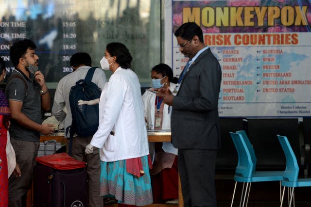 <p>Health workers screen international passengers for monkeypox symptoms in Chennai, India </p>