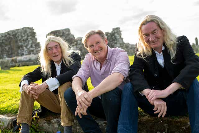 Lalor Roddy, left, Adrian Dunbar and Vincent Higgins pictured on Devenish Island ahead of their performance of Ohio Impromptu (Cordula Treml/PA)