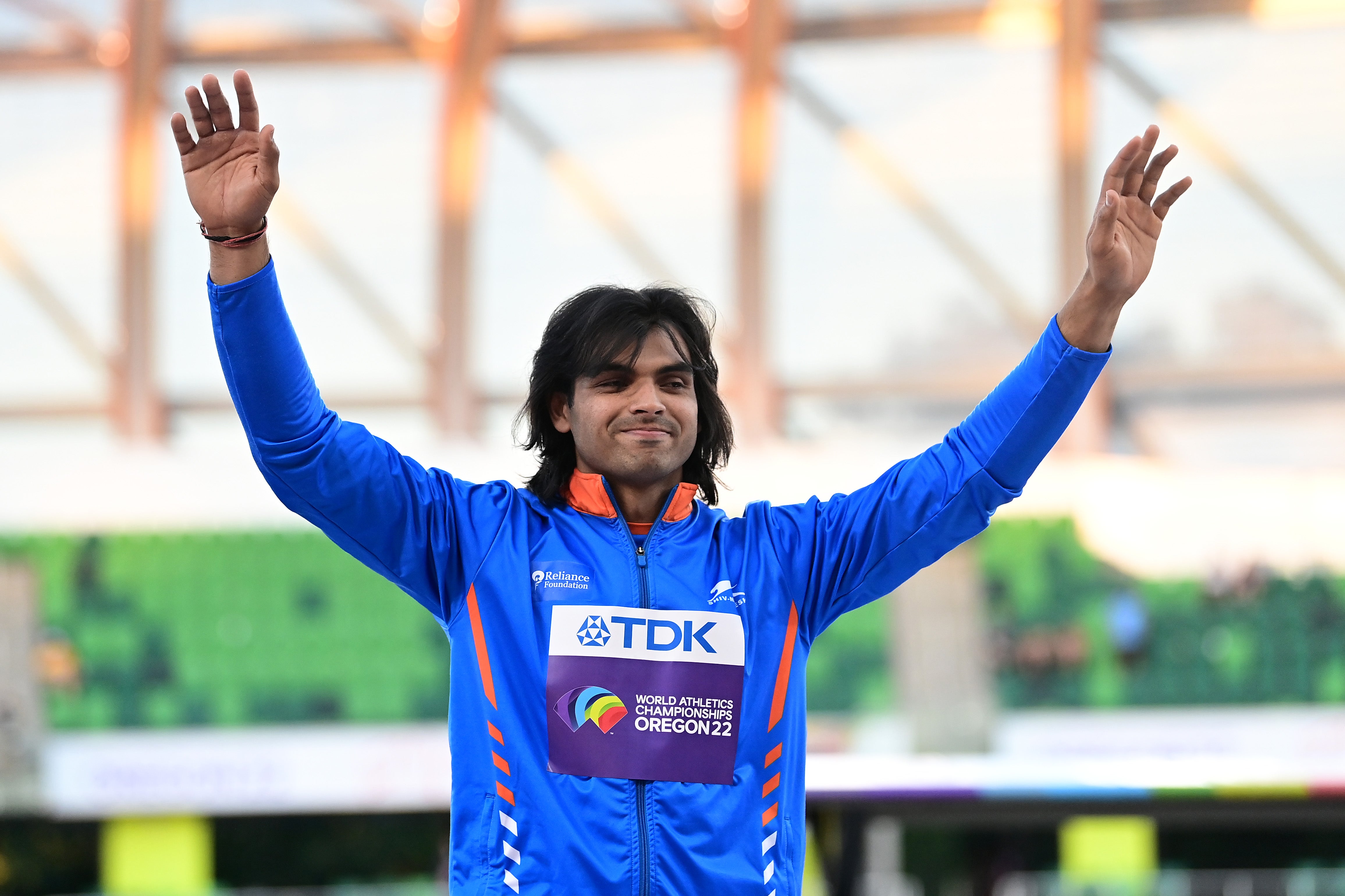 Silver medalist Neeraj Chopra of Team India poses during the medal ceremony for the Men’s Javelin Final on day nine of the World Athletics Championships Oregon22 at Hayward Field in Eugene, Oregon