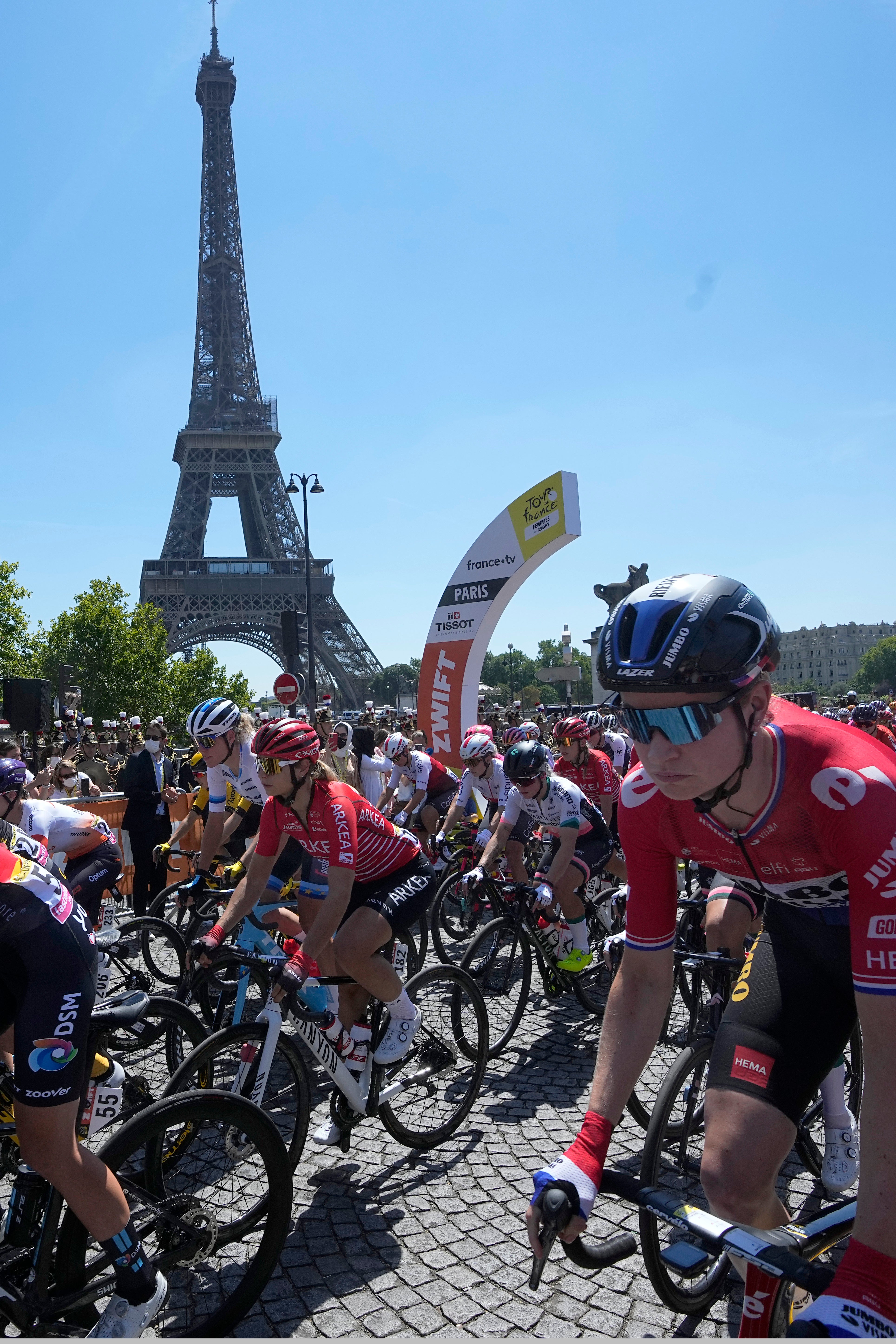 Riders take the start of the first stage of the Tour de France women's cycling race