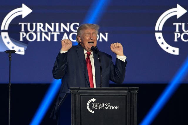 <p>Former President Donald Trump addresses attendees during the Turning Point USA Student Action Summit</p>