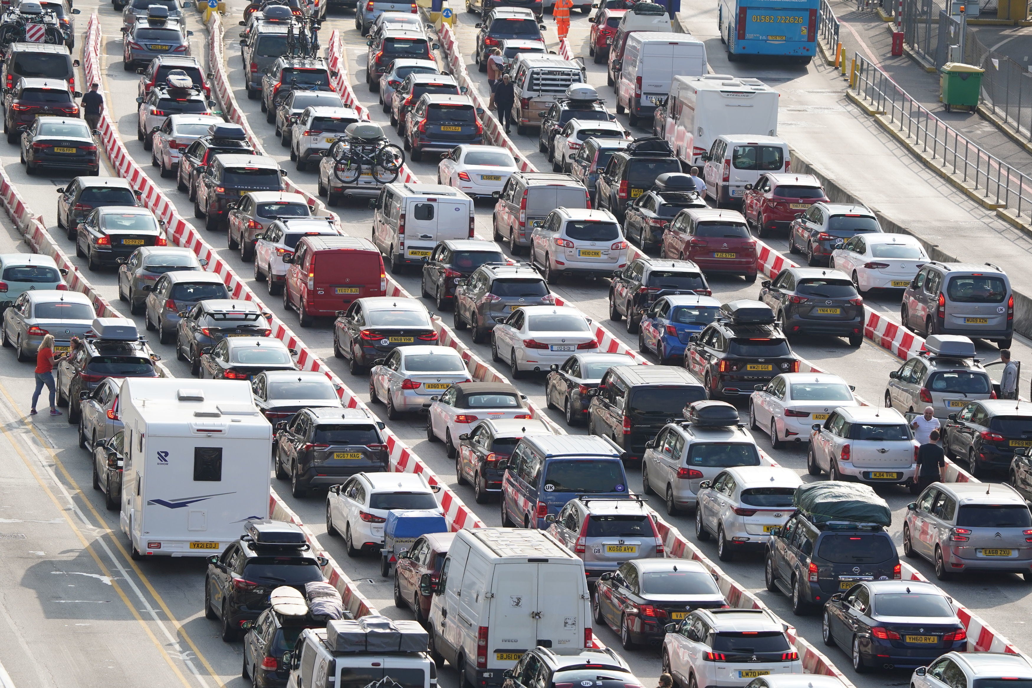 Cars queue at the check-in at the Port of Dover in Kent as many families embark on getaways following the start of summer holidays