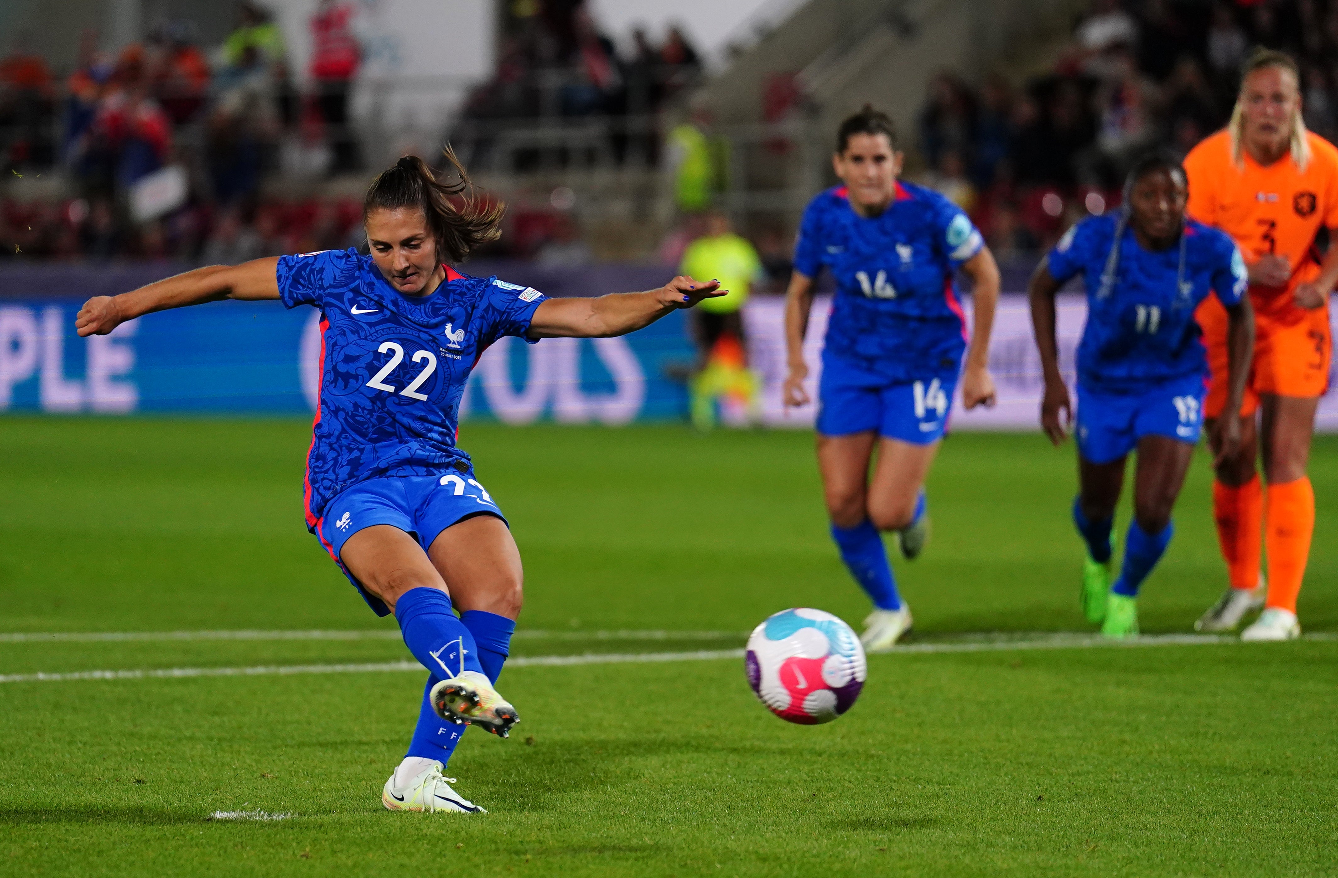 Eve Perisset’s extra-time penalty beat Holland to set up a Euro 2022 semi-final for France against Germany (Mike Egerton/PA)