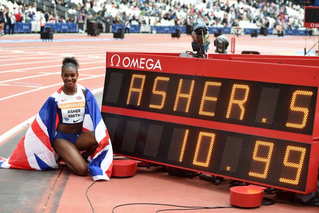 Dina Asher-Smith celebrates becoming the first British woman to run the 100 metres in under 11 seconds (Martin Rickett/PA)